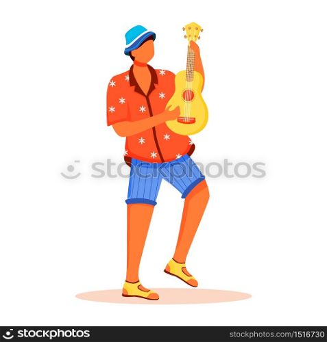 Standing male playing ukulele flat color vector faceless character. Latino man in shirt and shorts. Traditional music. Brazilian carnival isolated illustration for web graphic design and animation