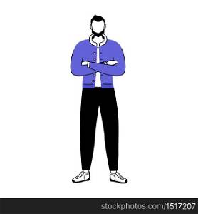 Standing man flat silhouette vector illustration. Hipster in casual clothes. Confident bearded guy with folded arms. 2D isolated outline character on white background. Simple style drawing