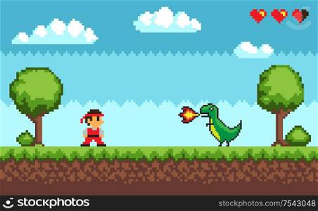 Standing man near tree and bush on grass near big dragon with fire. Colorful level of pixel game on outdoor with symbols hearts and clouds vector. Old Pixel Game Man and Dragon with Fire Vector