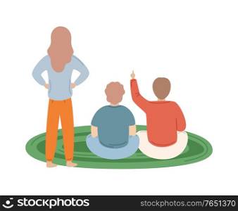 Standing mother in front of sitting two children vector illustration. Two boys on green round carpet at home flat style isolated cartoon people back view. Mother and Kids on Carpet Vector Family Back View
