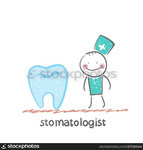 standing next to a large tooth. Fun cartoon style illustration. The situation of life.