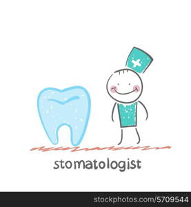standing next to a large tooth. Fun cartoon style illustration. The situation of life.