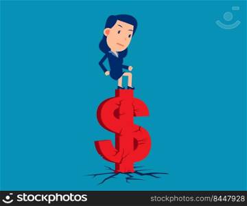 Standing on cracked dollar sign. Financial problem concept