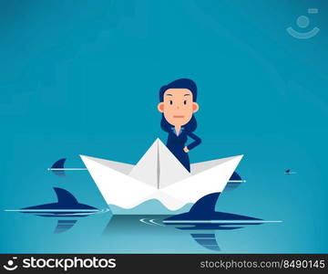 Standing on paper boat surrounded by sharks