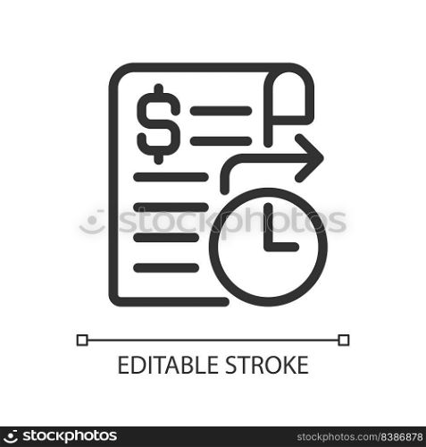 Standing order pixel perfect linear icon. Regular payment. Bank account. Standing instruction. Thin line illustration. Contour symbol. Vector outline drawing. Editable stroke. Arial font used. Standing order pixel perfect linear icon