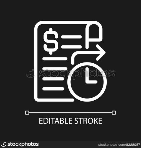 Standing order pixel perfect white linear icon for dark theme. Regular automatic payment. Bank account. Thin line illustration. Isolated symbol for night mode. Editable stroke. Arial font used. Standing order pixel perfect white linear icon for dark theme