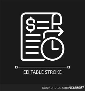 Standing order pixel perfect white linear icon for dark theme. Regular automatic payment. Bank account. Thin line illustration. Isolated symbol for night mode. Editable stroke. Arial font used. Standing order pixel perfect white linear icon for dark theme