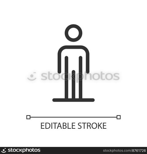Standing pedestrian pixel perfect linear ui icon. Person waiting to cross road. Navigation. GUI, UX design. Outline isolated user interface element for app and web. Editable stroke. Arial font used. Standing pedestrian pixel perfect linear ui icon