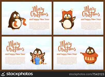Standing penguins in warm jersey and scarf with hat, sitting with gift box, holding socks. Set of greeting cards Merry Christmas and Happy New Year vector. Collection of Greeting Card with Pinguins Vector