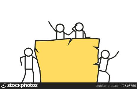 Standing people holding banner vector flat illustration. Character friend protest together blank. Group demonstration poster parade. Human activist community