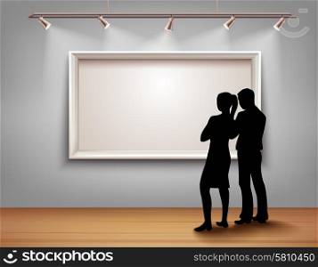 Standing people silhouettes in front of picture frame in art gallery interior vector illustration. People Silhouettes In Gallery