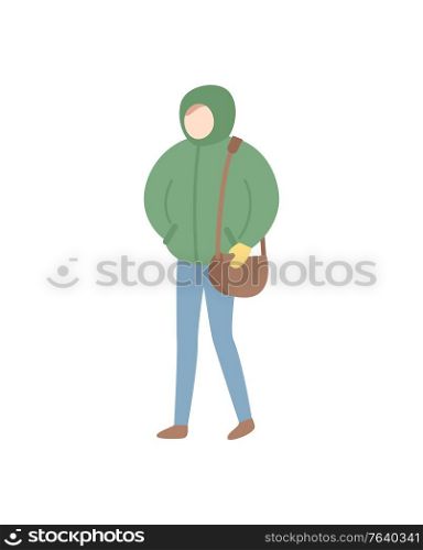 Standing person in jacket with hood and mittens, holding bag vector in flat style isolated on white, human in warm clothes, full length portrait vector. Person in Warm Clothes Full Length Portrait Vector