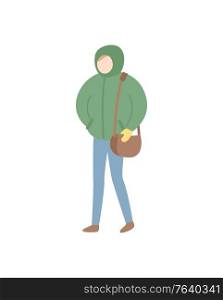 Standing person in jacket with hood and mittens, holding bag vector in flat style isolated on white, human in warm clothes, full length portrait vector. Person in Warm Clothes Full Length Portrait Vector
