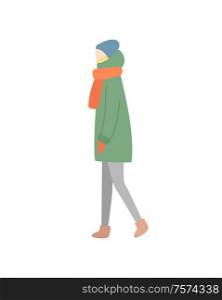 Standing person in jacket with scarf and hat with mittens vector in flat style isolated on white, woman in warm clothes, full length portrait vector. Woman Side View, Full Length Portrait Vector Isolated