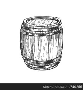 Standing Vintage Wooden Barrel Side View Vector. Hand Drawn Closed Barrel With Metal Rings For Production And Storage Alcohol Beverage. Design Closeup Container Object Monochrome Cartoon Illustration. Standing Vintage Wooden Barrel Side View Vector