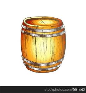 Standing Vintage Wooden Barrel Side View Vector. Hand Drawn Closed Barrel With Metal Rings For Production And Storage Alcohol Beverage. Design Closeup Container Object Color Illustration. Standing Vintage Wooden Barrel Side View Color Vector
