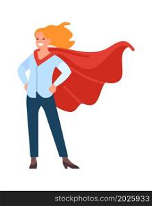Standing woman in waving cape. Strong superhero character. Girl power concept. Vector illustration. Standing woman in waving cape. Strong superhero character. Girl power concept