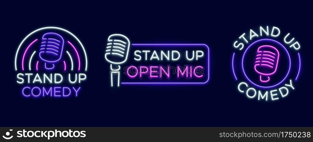 Standup show signs. Neon comedy club and open microphone icons. Comedian entertainment and event vector symbols. Illustration stand up comedy and humor, signboard with microphone. Standup show signs. Neon comedy club and open microphone icons. Comedian entertainment and event vector symbols