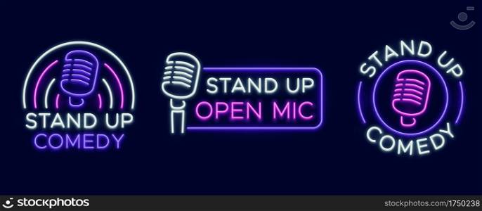 Standup show signs. Neon comedy club and open microphone icons. Comedian entertainment and event vector symbols. Illustration stand up comedy and humor, signboard with microphone. Standup show signs. Neon comedy club and open microphone icons. Comedian entertainment and event vector symbols