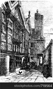 Stanley Palace, in Chester, Cheshire, United Kingdom, during the 1890s, vintage engraving. Old engraved illustration of a street scene in front of Stanley Palace.