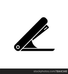 Stapler black glyph icon. Mechanical tool for joining document pages together. School accessory. Stapling device. Fastening paper sheets. Silhouette symbol on white space. Vector isolated illustration. Stapler black glyph icon