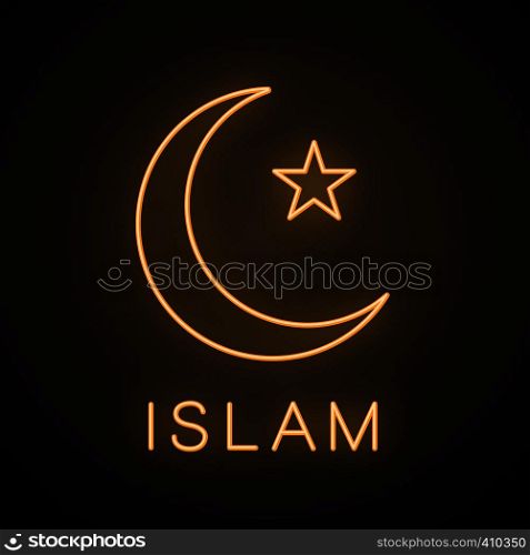 Star and crescent moon neon light icon. Glowing sign. Ottoman flag. Ramadan moon. Vector isolated illustration. Star and crescent moon neon light icon
