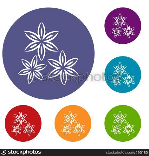 Star anise icons set in flat circle red, blue and green color for web. Star anise icons set