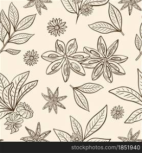 Star anise seamless vintage pattern, vector illustration. Background with a sketch of pods, leaves and flowers. Template with fragrant spices. Hand drawing food.. Star anise seamless vintage pattern, vector illustration.