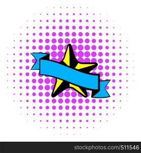 Star award icon in comics style on white background. Star award with blue ribbon. Star award icon, comics style