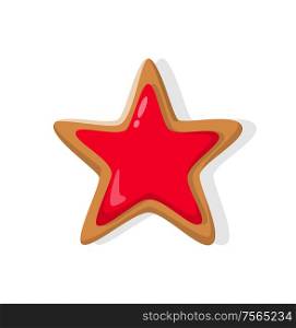 Star baked gingerbread isolated on white. Cookie traditional element for New Year and Christmas. Red sweet confectionery dessert in realistic style vector. Star Bright Red Baked Holiday Gingerbread Vector