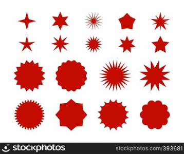 Star burst stickers. Red retro sale badge, flat price tags silhouettes, starburst labels graphic template. Vector star burst symbols flashes isolated badges. Star burst stickers. Red retro sale badge, flat price tags silhouettes, starburst labels graphic template. Vector star burst symbols