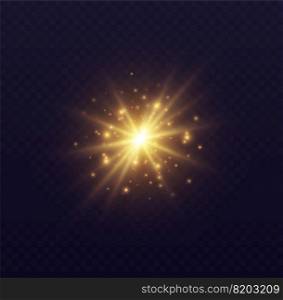 Star burst with sparkles, lens flare with particles, golden star explosion. Shining sun with fairy dust. Transparent vector light effect.. Star burst with sparkles, lens flare with particles, golden star explosion. Shining sun with fairy dust.