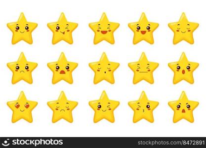 Star character. Golden funny stars with face emotions, cute cartoon emoji design. Vector set funny happy characters stickers star. Star character. Golden funny stars with face emotions, cute cartoon emoji design. Vector set
