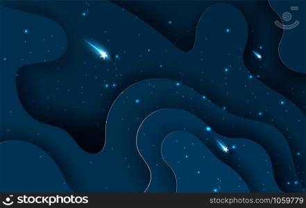 Star fall light on blue abstract curve layer.Galaxy surface space concept on dark night background.Creative paper cut and craft style.Graphic Minimal decoration element business. vector illustration