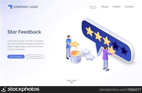 Star feedback model banner. Concept of positive review, rate satisfaction and quality of service or app. Vector landing page of evaluation from customers with gold stars. Landing page of star feedback model