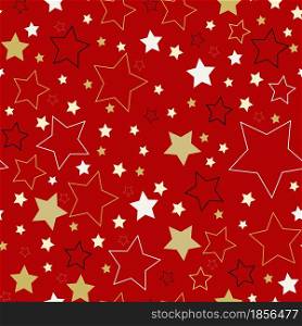 Star festive pattern vector illustration. Gold and white stars on a red background. Template for New Year and Christmas. Gift wrapping paper or backing paper.