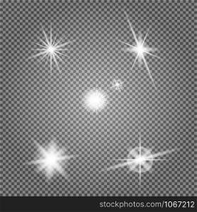 Star flare vector set. Lens light effect. Special flash lightning ray isolated on transparent background. Camera headlamp highlight twinkle. Abstract circle sparkle. Magical glowing collection. Star flare vector set. Lens light effect. Flash