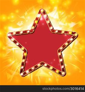 Star Frame Vector. Golden Star Shape With Lights. Award Ceremony, Event Concept. Shine Lamp. Event Illustration. Golden Star Vector. Shiny Gold Sign. Glowing Element. Decoration Element. Vintage Illustration