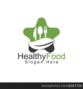 Star Healthy food logo template. Organic food logo with spoon, fork, knife and leaf symbol. 