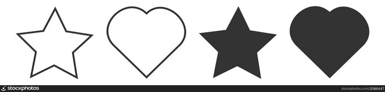 Star, heart icon. Set of white and black signs illustration symbol. Logo media vector neumorphism.