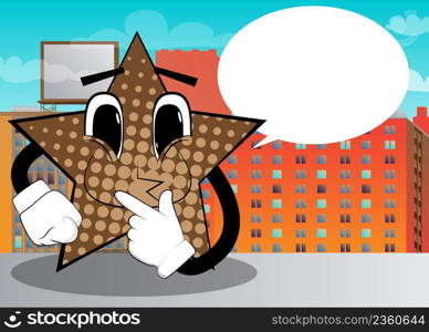 Star holding finger front of his mouth. Funny and cute cartoon character, with anthropomorphic face.