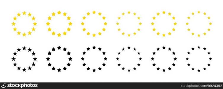 Star icons in circle. Gold and black european logos on white background. EU flag. 12 yellow stars for europe union. Badges of euro military, community, economic and council. Eurozone market. Vector.. Star icons in circle. Gold and black european logos on white background. EU flag. 12 yellow stars for europe union. Badges of euro military, community, economic and council. Eurozone market. Vector