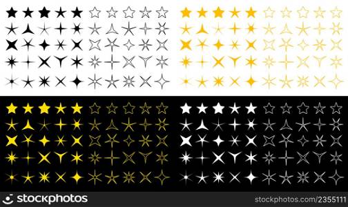 Star icons isolated. Set of outline twinkle stars with sparkle for holiday and christmas. Shiny graphic symbols for feedback or decorative. Yellow, black and white silhouette of magic logos. Vector.