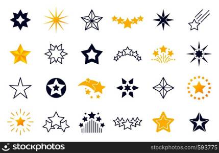 Star icons. Premium black and outline symbols of star shapes, four five six-pointed star labels on white background. Vector falling stars illustration set. Star icons. Premium black and outline symbols of star shapes, four five six-pointed star labels on white background. Vector stars set