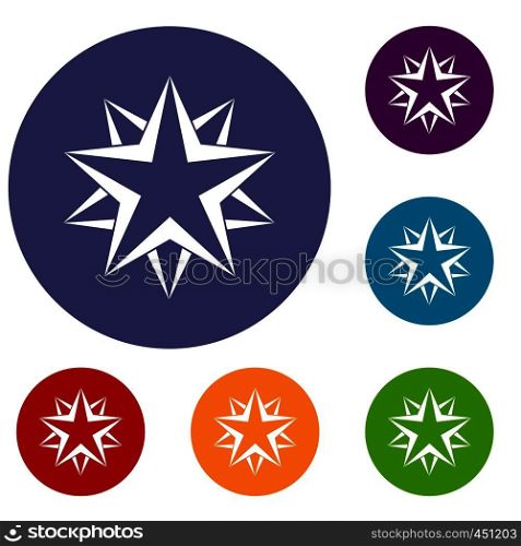 Star icons set in flat circle reb, blue and green color for web. Star icons set