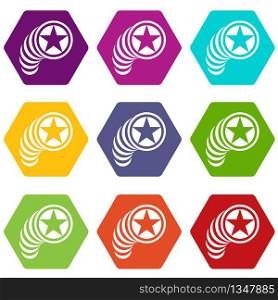 Star in circle icons 9 set coloful isolated on white for web. Star in circle icons set 9 vector
