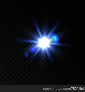 Star light flash glowing beams. Shining sun blur with lens flare effect. Bright luminous twinkling spotlight radiance and sparkling on transparent background. Star light flash glowing beams