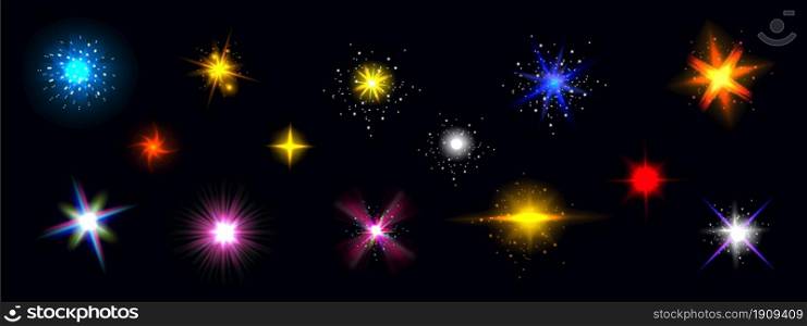 Star light glow, shiny colorful vector glare, bright twinkle or explosion effect with radiant beams. Sparkles and magic flare graphic design elements, glitter and fireworks isolated realistic 3d set. Star light glow, shiny colorful vector glare set