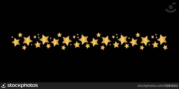 Star line divider in gold color vector design footer, modern border, rule lines design. Doodle pattern isolated on black background