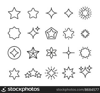 Star line icons. Premium rating simple pictograms outline style, abstract shining falling flying sparkle symbols different shapes. Vector isolated set of star design award illustration. Star line icons. Premium rating simple pictograms outline style, abstract shining falling flying sparkle symbols different shapes. Vector isolated set
